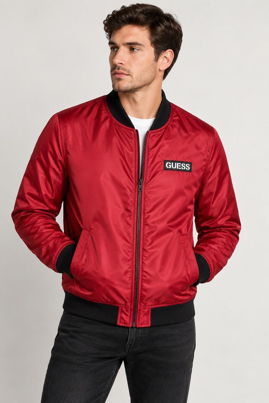 GUESS Red & Black Varsity Bomber Jacket – Men’s Medium